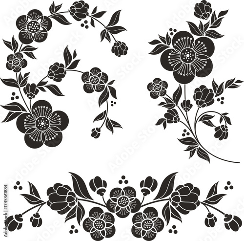 Floral vector sakura ornamental set with blossom and flowers in traditional Japanese style. Exquisite wedding decoration designs, vinyl and laser ready.	