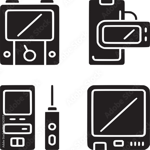 A set of four black and white icons depicting different electronic devices and gadgets in silhouette form