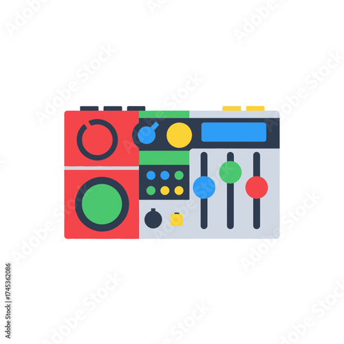 Modern DJ audio mixer with colorful buttons and sliders for music production.
