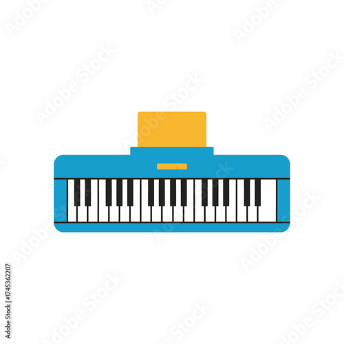 Blue and yellow toy piano keyboard illustration isolated on white.
