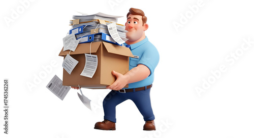 3d icon of cartoon man carrying a heavy box full of documents isolated on transparent background, representing workload