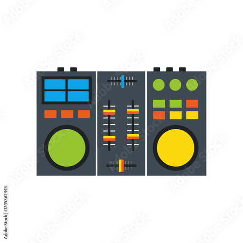 Professional DJ mixer console with colorful buttons and faders for music production and live performances.