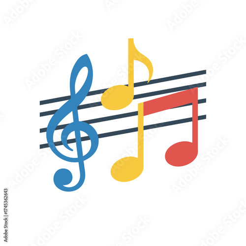 Colorful musical notes and a treble clef on a staff.