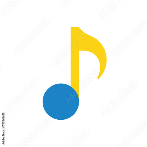 A bright yellow musical note with a blue circle on a white background.