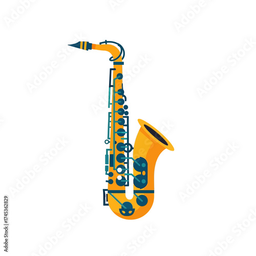 Vibrant yellow and blue saxophone musical instrument isolated on a white background.