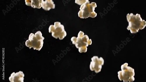 An ultra-realistic 8K super slow-motion cinematic shot of freshly popped popcorn kernels suspended midair against a deep black background, filmed at 1000fps. Each kernel rotates gracefully,