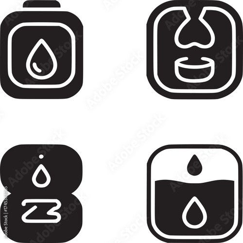 Four black and white icons featuring water droplets and abstract shapes on a white background