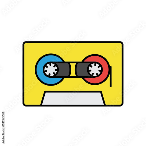 Vibrant Yellow Cassette Tape with Blue and Red Reels.