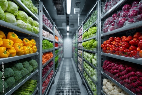 Fototapeta Naklejka Na Ścianę i Meble -  Various colorful vegetables neatly arranged on shelves in a commercial refrigerator
