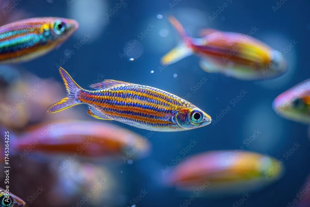 Fototapeta premium Colorful Small Fish Swimming in Clear Blue Water with Bright Patterns and Details