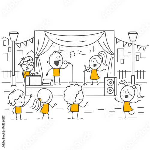 On stage, the artists sing, while the participants raise their hands in the air and dance with joy.