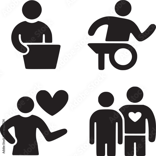 A collection of four black and white icons depicting people and relationships in simple representations