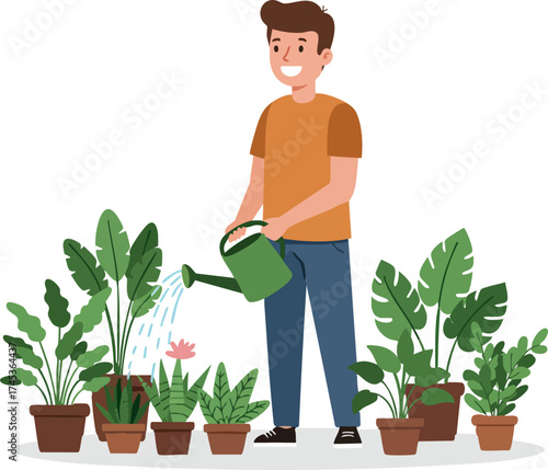 Flat Illustration of Smiling Man Watering Potted Plants in the Garden
