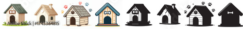 Set of vector and shilhouttes simple dog house images on white background