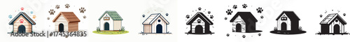 Set of vector and shilhouttes simple dog house images on white background