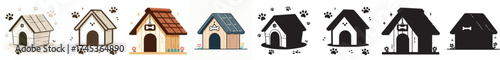 Set of vector and shilhouttes simple dog house images on white background