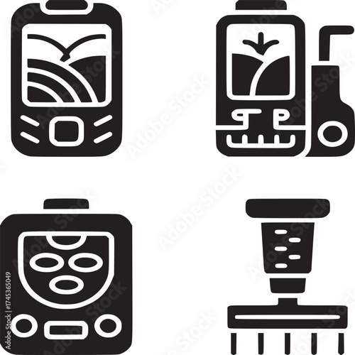 Four black and white icons depicting farming technology and agricultural equipment in a grid pattern
