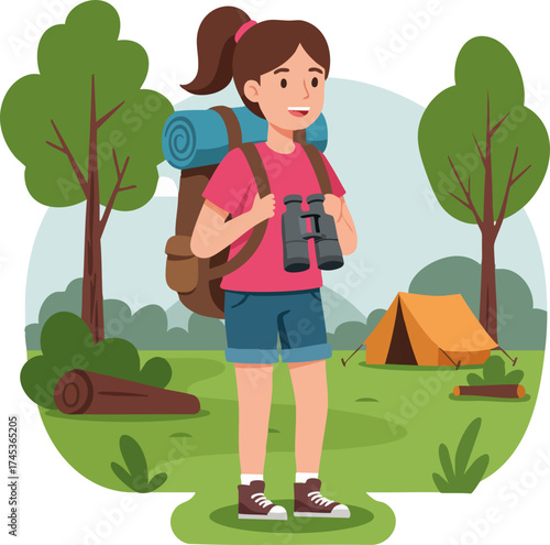 Flat Cartoon Young Woman Hiker With Backpack and Binoculars Illustration