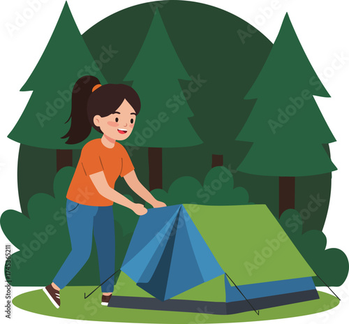 Flat Cartoon Style Woman Setting Up Tent in Nature Landscape