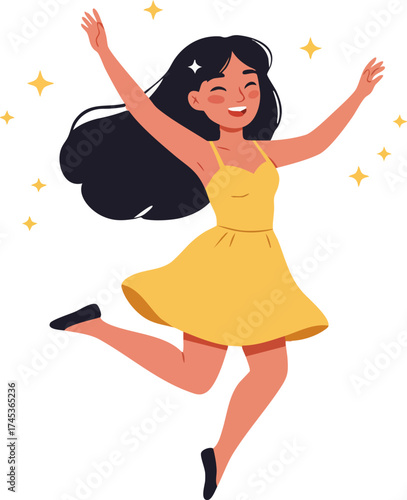 Cheerful Flat Style Girl Jumping with Joyful Expression Illustration