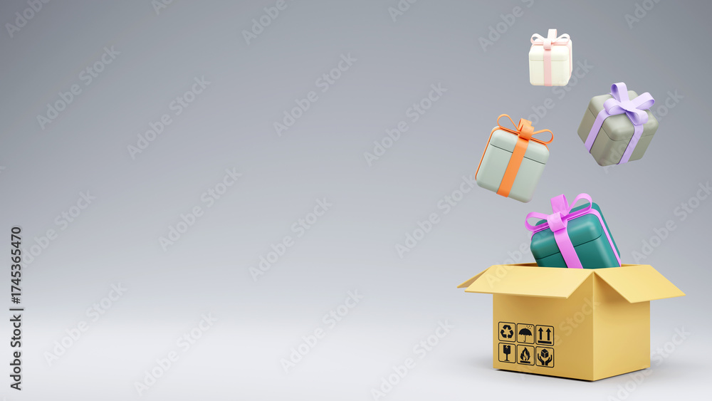 Fototapeta premium 3D rendering of Set of gift boxes and Carton delivery packaging box on pastel background