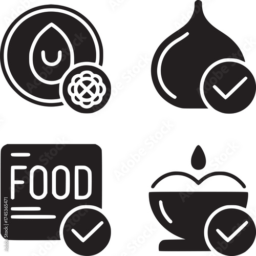 Four food icons with check marks showing oil, onion, food label, and bowl with liquid approved