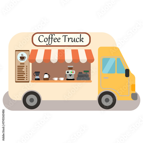 Flat vector illustration of a mobile coffee truck with espresso machine and menu board, perfect for street cafe design, infographic, or small business concept.