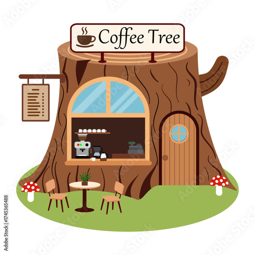 Creative coffee shop built inside a tree trunk, flat vector style with natural and cute design. Perfect for eco-friendly cafe concepts, posters, and branding.