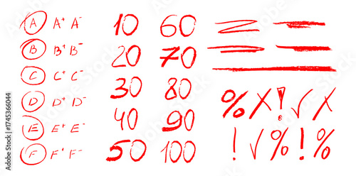 Red crayon mark for paper. Handwritten pencil check icon and sketch circle with exam score percent. School homework grading with good and c word doodle scribble. Brush pen art with letter design.