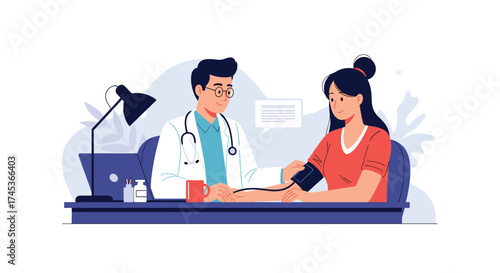 Doctor checking a patient's blood pressure in a clinic office.
