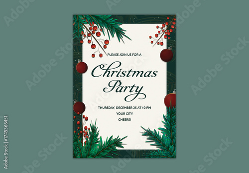 Editable Christmas Party Flyer Template in White and Green Color with Festival Elements Decorations.