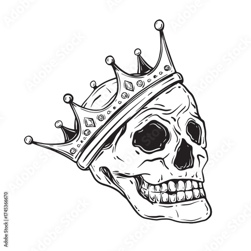 Sketch of human skull with crown. Hand drawn ink vector illustration of human bones. Linear graphic elements cranium for design isolated on white background.