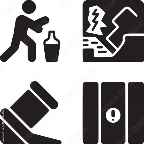 A compilation of four black and white icons depicting various concepts and objects in simple forms