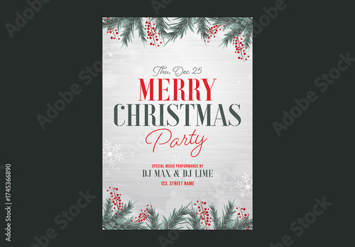 Merry Christmas Party Flyer Template with Event Details in Grey Theme, Editable Design.