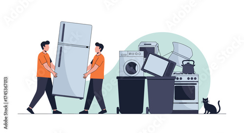 Two men carrying a large refrigerator towards a pile of discarded household appliances.