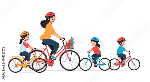 A mother and her children enjoy a bike ride together on a sunny day.