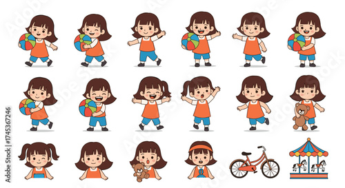 A collection of illustrations of a playful girl enjoying her toys.