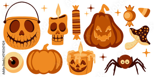 Flat vector Halloween illustration of decorative set with pumpkins, candles, candies, eyeball, spider and mushroom in warm orange-brown tones. Perfect for banners, posters, cards, and packaging.