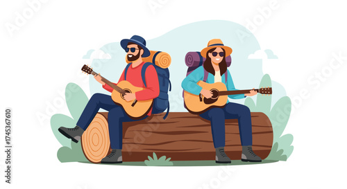 Two hikers sit on a log playing guitars.