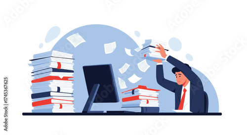 Overwhelmed professional struggling with excessive paperwork and disorganized office tasks.