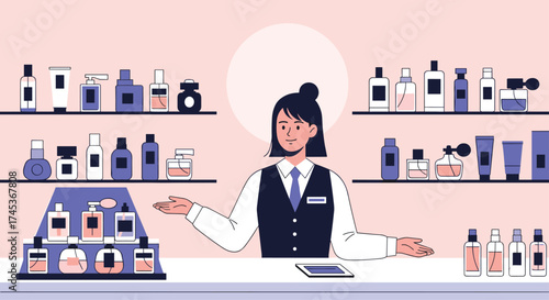 A sales associate presents luxury perfumes in a beautifully stocked beauty store.