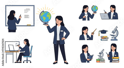 Illustrations of a teacher engaged in various educational activities.