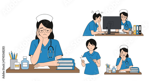Nurses feeling tired and overworked in various hospital settings.