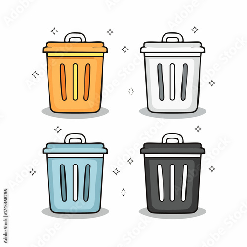 Four colorful cartoon trash cans with lids, in orange, white, blue, and black.
