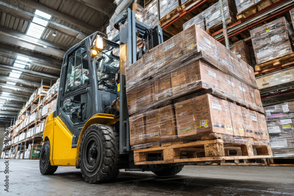 Naklejka premium Forklift transporting crated goods, organizing inventory in large distribution warehouse