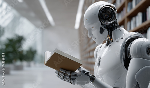Modern robot with white and black parts reading a book indoors