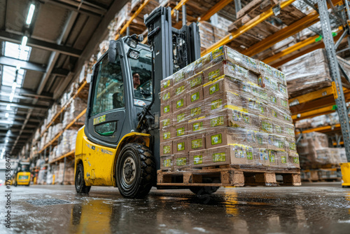Forklift driver transporting cardboard boxes on a pallet, managing logistics in a storage facility
