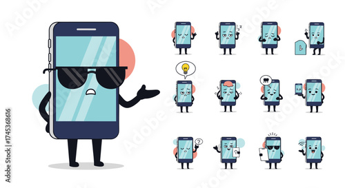 A collection of cute smartphone characters expressing different emotions and actions.