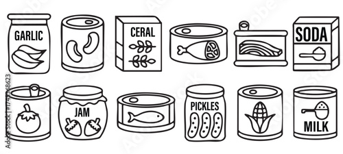 Black and White Outline Icons of Canned and Jarred Food Items Collection