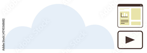 Cloud icon with webpage and video player emphasizes online storage, data access, and media sharing. Ideal for technology, digital solutions, cloud computing, multimedia, data management, online